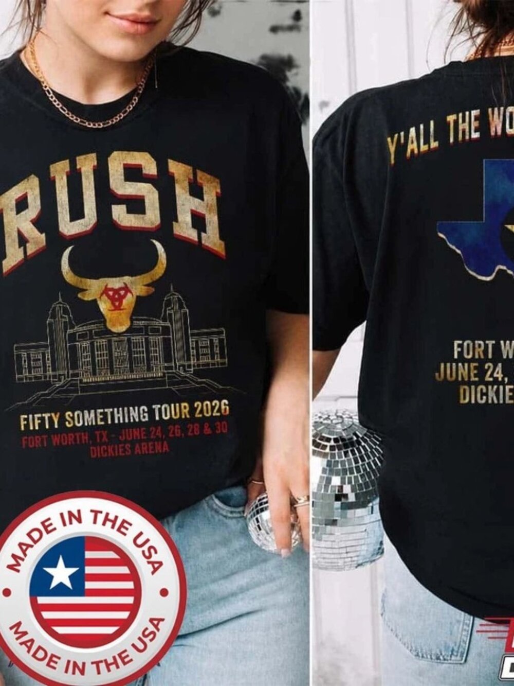 Vintage Rush 'Fifty Something Tour 2026' Fort Worth Graphic Black T-Shirt